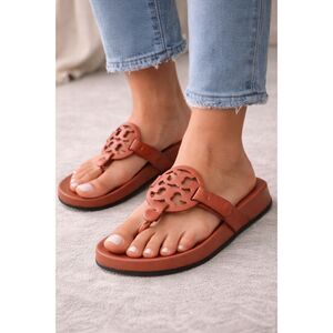 Tory Burch Brown Leather Logo Thong Sandals